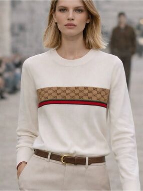 Gucci Cream Knit Sweater with Brown Monogram and Green-Red Stripe S/M